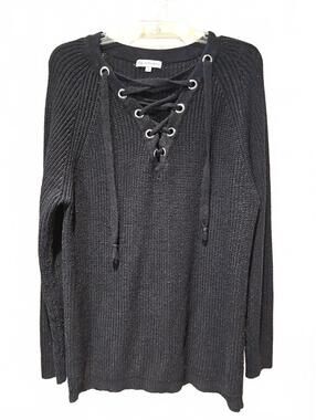 Cents Of Style  Women's Black Lace-up V-Neck Sweater Top L/XL